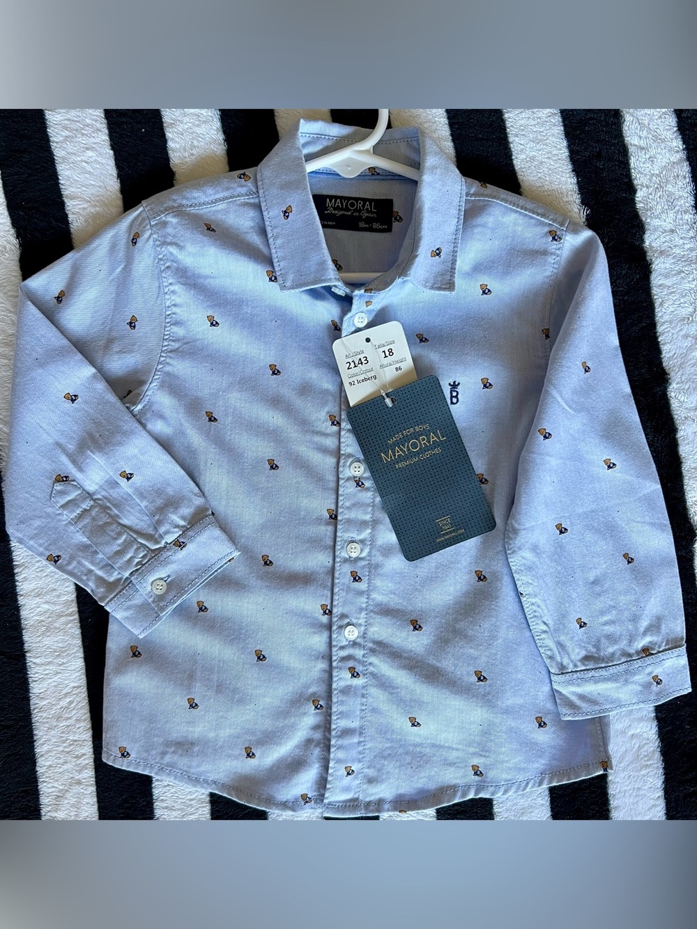 Mayoral Light Blue Button-Down Shirt with Tiny Navy & Gold Motif